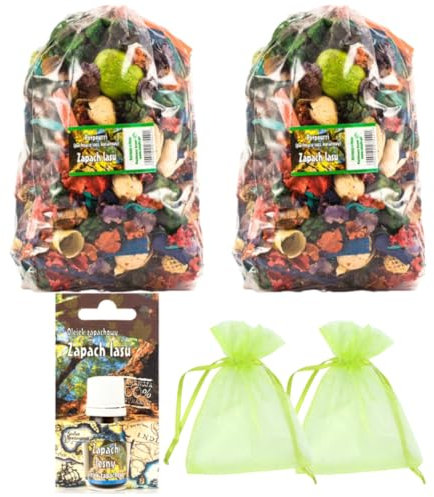 Ensemble de Potpourri parfumé à la Forêt Verte - 2 Grands Sacs, 1 Huile parfumée forêt, 2 sachets en Organza | Décoration d'automne et de Noël pour la Maison | Fleurs séchées pour Vase | Subtil arôme