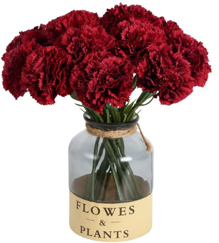ICBOX Rote Nelken, künstliche Blumen, fühlen sich echt an, Seidenblumen mit Stielen für Hochzeitssträuße für Brautsträuße für Zuhause, Tischdekoration, Blumenarrangements, Rot, 15 Stück