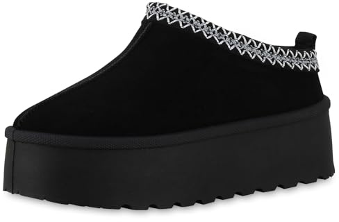 VAN HILL Damen Pantoffeln Plateau Prints Bequem Schuhe 214166 Schwarz 38