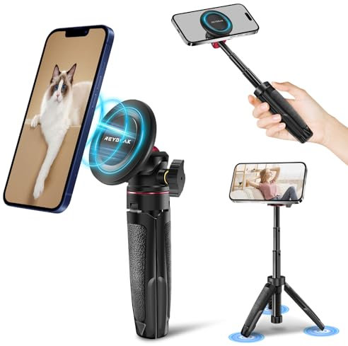 REYGEAK Trípode Magnético para Teléfono Celular Compatible con MagSafe - Mini Palo Selfie Extensible de 360° con Cabeza de Bola para iPhone 15/14/13/12 Pro Mini/Plus/Max