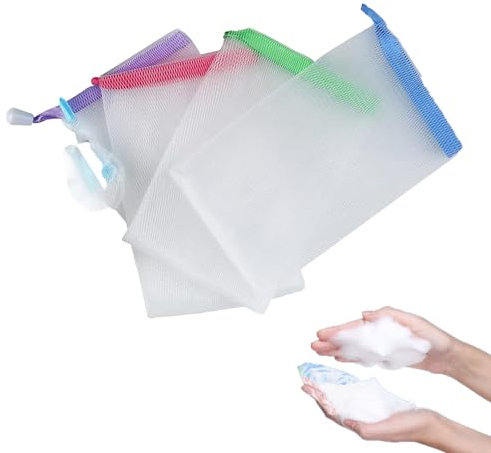 GBTUPOKW 4Pcs Soap Bags Handmade Soap Bubble Mesh Bags Exfoliating Soap Saver Pouch Net Bags with Drawstring Body Facial Cleaning Tool for Bath & Shower(Drawstring Color Random)