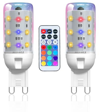 Lamptobe Lampadina LED G9 RGBW, 2W Dimmerabile Lampadine Colorate con Telecomando, 12 Colori RGB + Bianco Caldo 3000K, Lampadina RGB G9 per Decorazioni, Feste, Bar, Confezione da 2