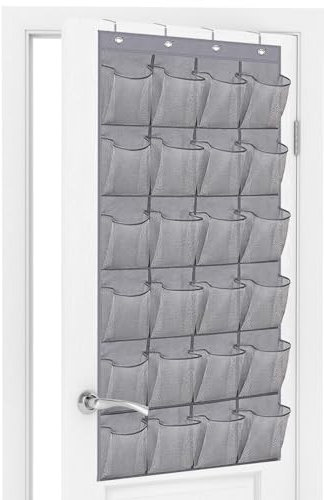 Newthinking Over the Door Shoe Storage Organiser, Hanging Shoe Rack Storage with 24 Large Mesh Pockets for Storage Shoes Toys Cleaning Products (Gray)