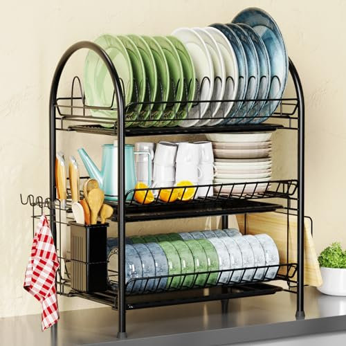 HZE Escurreplatos, 3 Niveles, Color Negro escurridor de Platos, escurreplatos sobre Fregadero extraíble de Metal de Gran Capacidad, escurreplatos Acero Inoxidable pequeño para encimera de Cocina