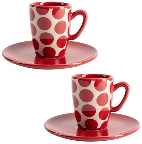 UNITED COLORS OF BENETTON. BE-2066 Set de 4pc café (2 Tazas de 75ml + 2 Platos de Color Solido) Stoneware de Topos Rojos, Porcelana