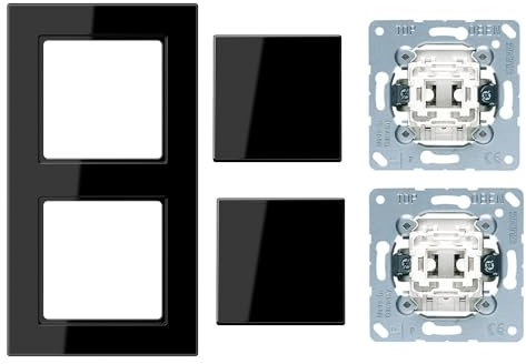 Jung Taster Set Schwarz Serie A mit AC582SW Rahmen 2fach + 2x 506U Wippschalter Universal Aus-Wechsel + 2x A590SW Wippe