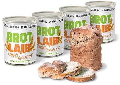 ration1 Roggen-Mischbrot 4 x 350g, Dosenbrot 10 Jahre haltbar, abgepacktes haltbares Brot in der Dose, vegan & laktosefrei, öffnen & genießen, als Camping Zubehör, für Outdoor oder Notfall Ausrüstung