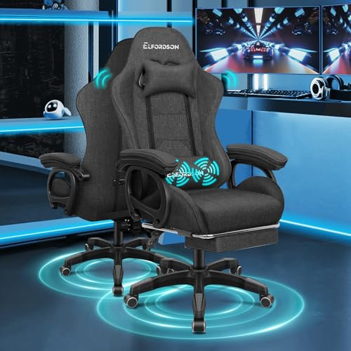 ELFORDSON Gaming Chair with 2-point Massage Lumbar Cushion, High Back PC Computer Game Chair, 150° Reclining Office Chair with Headrest & Footrest, 360° Swivel, Home Esports, Linen, Dark Grey