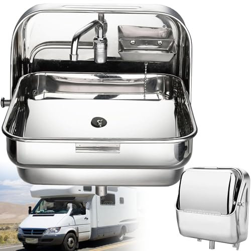 YANGYMM Folding RV Caravan Sink with Cold Water Faucet, Stainless Steel Camper Boat Hand Wash Basin Small Wall Mount Bathroom Sink for Camper
