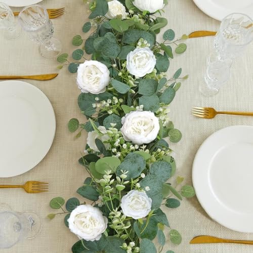 SOMYTING 4 stück Künstliche Blumengirlande Eukalyptus Girlande Vintage Gefälschte Blume Pfingstrose Rosenrebe Grün Dekorative Wandbehangpflanze für Hochzeitsbogen Türanordnung Partydekoration (Weiße)