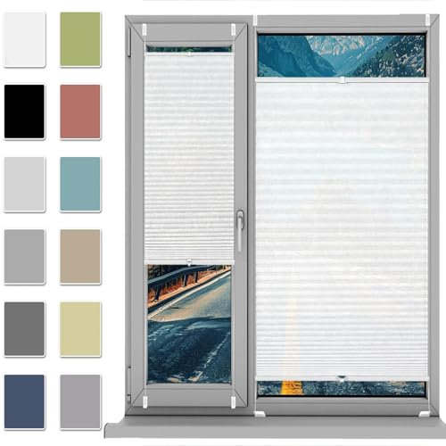 HUANQIN Faltrollo, Sichtschutz Plissee Klemmfix Rollos 32 x 140 cm, Blickdicht Sichtschutz Sonnenschutz, Plissees Rollo Easyfix Plisseerollo, Plisseerollo Sichtschutz, für Fenster & Tür, Weiß