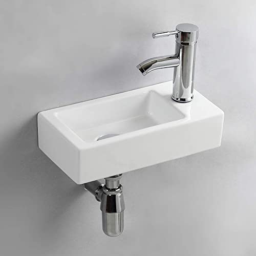 Ceramic Small Bathroom Sink Basin Wall Mount, RH Compact Hand Wash Basins Small Bowl for Cloakroom Gloss White
