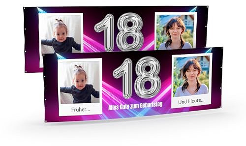 Banner selbst gestalten mit Foto und Text Lila I Geburtstagsbanner (50cm x 150cm) personalisiert für Männer und Frauen I Fahne selbst gestalten (18 Jahre (Lila), 50cm x 150cm)