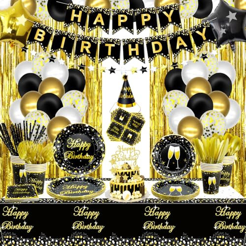 XJLANTTE 221 PCS Black Gold Party Decorations - Birthday Banner, Balloons, Garland, Fringe Curtain, Plates, Napkins, Cups & Cutlery for 20 Guests
