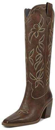 ISNOM Stivali da cowboy alti al ginocchio da donna, stivali western con linguetta a strappo, design con tacco spesso, unici ed eleganti, Marrone scuro, 40 EU