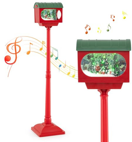 COSTWAY Christmas Street Lamp, Musical Festive Lamp Post with LED Lights, Snowy Effects and Santa Scene, Snowing Santa Lamp for Home, Doorway and Porch (150cm, Mailbox Shaped, Red)