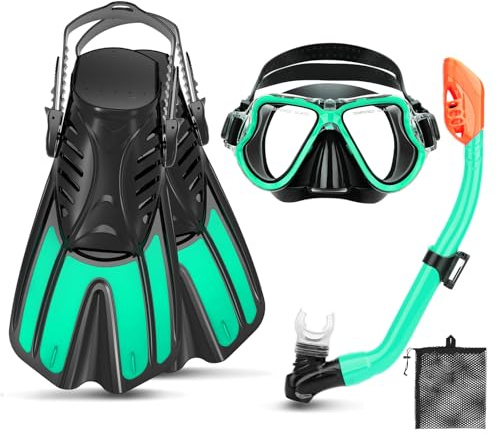 CTSAYTL Snorkeling Gear for Kids, 4 in 1 Child Mask Fins Snorkel Set with Panoramic View Anti Fog Mask, Dry Top Snorkel, Trek Fins and Travel Bag, Kids Snorkeling Set with Fins for Snorkeling Swimming