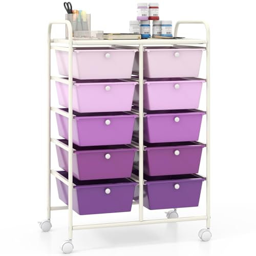 TANGZON 10 Drawers Storage Cart, Rolling Utility Cart with Lockable Wheels, Multipurpose Mobile Organizer Trolley for Home Office Stationery Beauty & Salon (Gradient Purple)