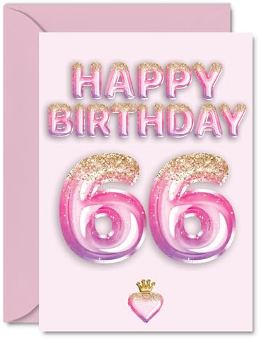 66th Birthday Cards for Women and Men, Pink & Purple Glitter Balloons | Happy Birthday Card for 66 Year Old Man Woman Sister Brother Nanny Cousin, A5 Bday Greeting Cards