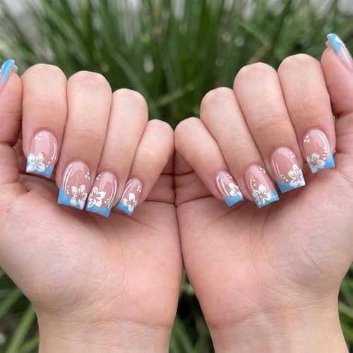 Square Press-On Fake Nails, Blue French Tips, Pink Floral Design, Glossy | Translucent Pink-Toned Base, Assorted Finger Sizes, White Dot Details, For Everyday Wear And Casual Social Occasions