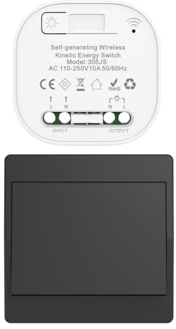 Cerhot interruttore senza fili cinetico nero RF interruttori cinetici senza fili a comando singolo e doppio senza pile telecomando radio interruttore senza fili (Nero 1Gang 1V1 EU)