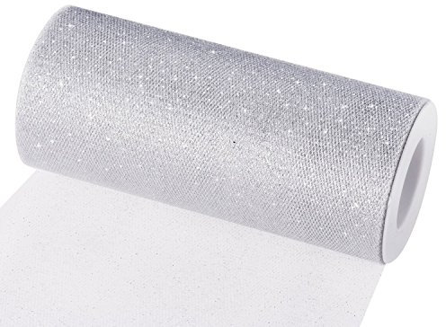 Tüll Dekostoff Tüllband Tischläufer Tischband Tüllnetz für Hochzeit Party Bankett Deko Handwerk 15cm x 22.5m pro Rolle (Silber mit Glitzer)