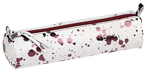 Clairefontaine 410109C - Cherry Ink Stain Round School Pencil Case Ø5,5x22 cm in Genuine Lambskin Leather - School Supplies - Pencil Case - Pencil Tray