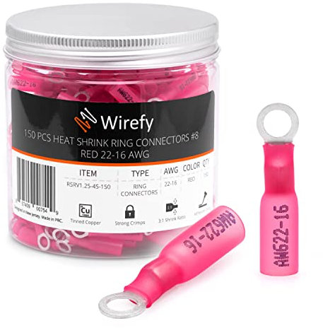 Wirefy Rote Ringkabelschuhe Schrumpfverbinder M4 - Lötfreie Kabelschuhe Sortiment - Ringkabelschuh Quetschverbinder 0,5-1,5 mm² - 150 Stück