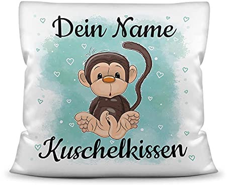 PR Print Royal Kissen mit Füllung für Kinder - Tiermotiv AFFE - für Mädchen und Jungs - mit Wunschname beschriften - AFFE - Kissen Polyester - Weiß, 40 x 40 cm