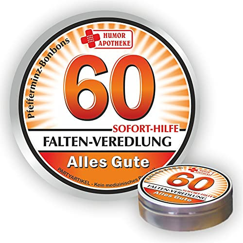 Pfefferminz Bonbon Metalldose - Zum 60. Geburtstag, Falten Veredlung Alles Gute - Soforthilfe | Humorapotheke Spaßmedizin Humormedizin | Pfefferminzdragees | Dose Blechdose Pillendose