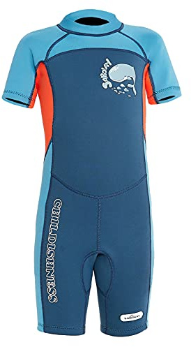 SXSHUN Combinaison de plongée en néoprène extensible pour enfants garçons/filles,Combinaison de plongée shortie en tissu anti-UV,Protection anti-UV,Bleu foncé,8-9 ans (étiquette : XXL)
