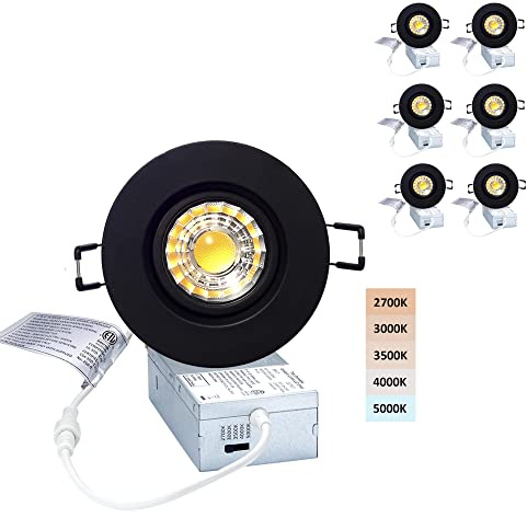POPANU Canless Recessed Gimbal Downlight Rotatable-Spotlight 5 CCT 3 Inch Eyeball Ceilling Potlight, Dimmable Recessed Lights Fixture with Junction Box, 8W CCT Adjustable, Black Round Trim, 6 Pack