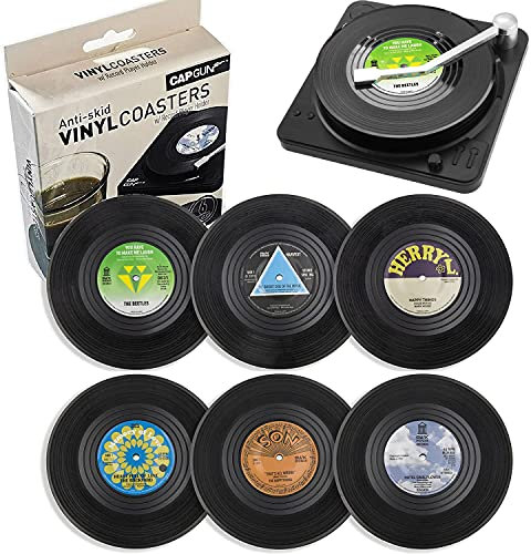 Litensh 6pcs Retro CD Vinyl Record Coasters, Non-Slip Rubber Drink Mats Coaster Record Insulated Round Tea Coffee Cup Drinks Mats Tabletop Protection Prevents Slipping Holder (M2 Pattern + Holder)