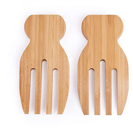 Duories Lot de 2 mains à salade en bambou - Lot de 2 couverts à salade - Pinces à salade - Fourchette à salade - Fourchette à salade - Couverts en bois - Ustensiles de cuisine - Couverts pour servir