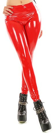 Fashion Design Leggings Damen Wetlook Lederlook Lack Optik Thermo Leggings High Waist Hose (S/M, Rot)