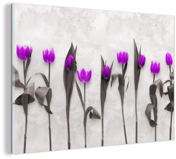 MuchoWow Glasbild Glasfoto Wandbild Bilder Deko 150x100 cm Blumen - Tulpen - Lila