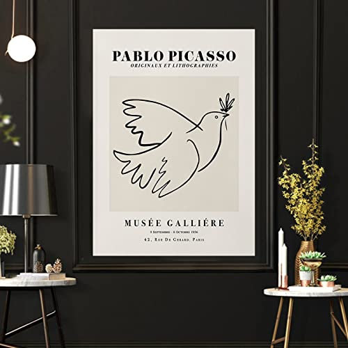 Pablo Picasso Poster niedlich abstrakt Hund Katze Taube Flamingo Schmetterling Poster minimalistisch Wand Bilder schwarz weiß eine Strichzeichnung Gemäldeposter Friedenstaube Bild Leinwand 0621192