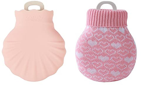 Scallop Shape Mini Hot Water Bottle, Small Silicone Hot Water Bag with Removeable Washable Knitted Bottle Cover, Portable Hand Warmer for Camping Travel Relief Pain and Heat Therapy