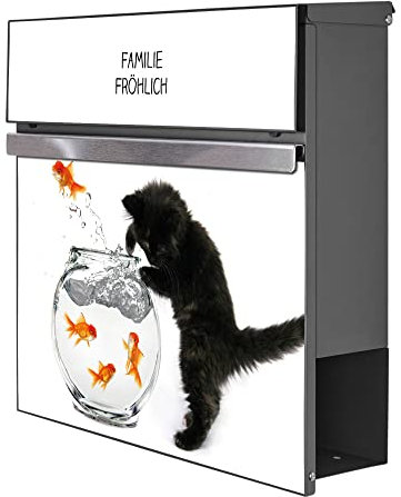 banjado® Briefkasten personalisiert Anthrazit mit Motiv Katze Und Fisch/Briefkasten mit Zeitungsfach 37x37x10,5 cm/Postkasten A4 Einwurf inkl. Montagematerial & 2 Schlüsseln