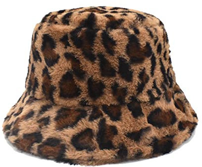 GIVBRO Leopardenmuster Fischerhut Fischerhut Kunstfell Hut Sonnenhut für Damen Herren Winter Herbst Outdoor Dress Up Braun