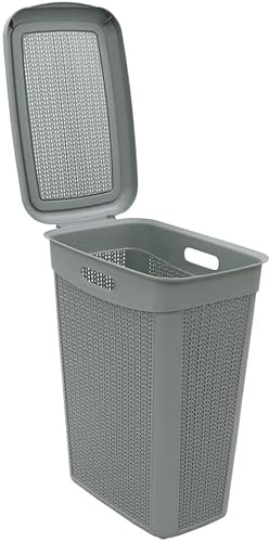 Grey 43L Litre Slim Laundry Basket With Lid Knit Design Rectangular Plastic Bin Storage Basket For Home and Kitchen