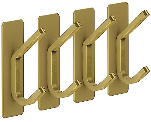 SAYONEYES Brushed Gold Self Adhesive Towel Hooks for Bathroom Wall Door Mounted - SUS304 Stainless Steel Strong Strips Stick on 3M Wall Hooks for Hanging Coat, Hat, Bag, Key, Jacket – 4 Pack