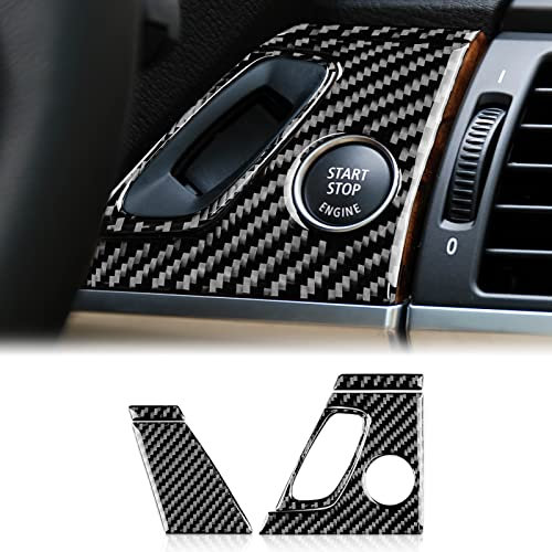 KUNGKIC Kohlefaser Auto Motorstart-Stopp-Taste Rahmenabdeckung Aufkleber Zündungsschalter Innenbereich Dekorativ Compatible with BMW X5 E70 2006-2013 X6 E71 2008-2014 Zubehör(Schwarz)