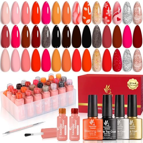 Lavender Violets 25 Pcs Gel Nagellack Rose Gold Romantisch Mit Fundamentkit kit Blühendes Gel,Base und Matte-Glänzende,Top Coat Dotting Drawing Nail Brush Manicure Soak Off UV LED Varnish C401