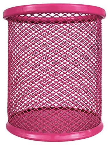 RAYLU PAPER - Pot à Crayon en Maille Métallique Ronde, Porte Crayon en Grille, Organisateur de Bureau, Surface Antidérapante, Porte Stylo Accessoire Bureau Diamètre 90 mm (Fuchsia)