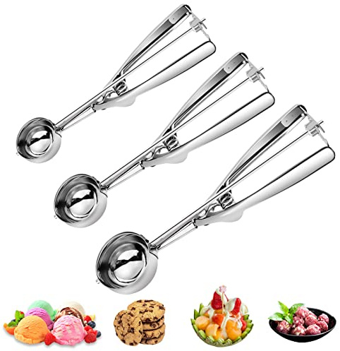 3PCS Ice Cream Scoop,Premium cookie scoop set,Small/Medium/Large stainless steel Scoops,Professional Ice cream Scooper with Trigger Release for Baking, Cookie, Fruit and Ice Cream by AOULELA