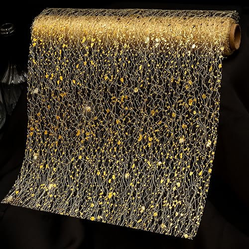 O-STOREYA Tischläufer Gold – Glitzer-Dekostoff 29cm x 3 m mit Streudiamanten für Hochzeit, Geburtstag & Dinner
