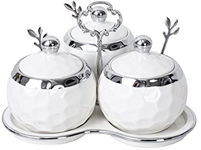 BIHOIB Lot de 3 pots à sucre en porcelaine avec couvercle et cuillère - Style moderne - Blanc et argenté