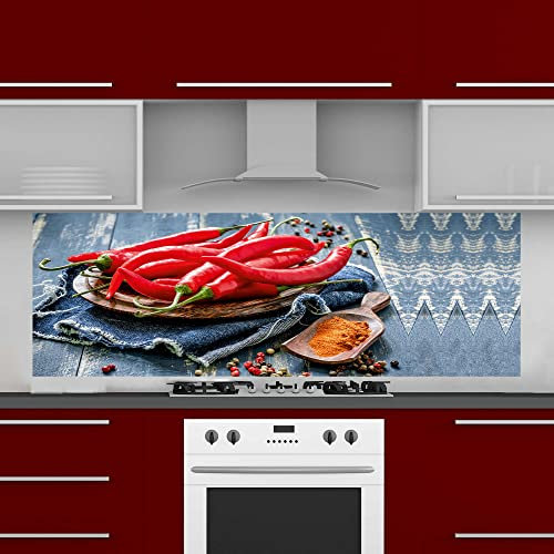INDIGOS UG Spritzschutz - Chili Gewürze - 180x65 cm - Aluverbund Platte Bedruckt - mit Bild - Motiv - Küche - Küchenrückwand - Schild - Spritzschutz - Herd - Ofen