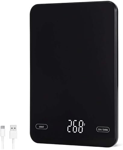 ASXCACQCOFFE Küchenwaage Digital Schwarz mit Glasoberfläche, Küchenwaage 1g/10kg genau, LED-Anzeige, USB-Aufladung, für Backen Kochen